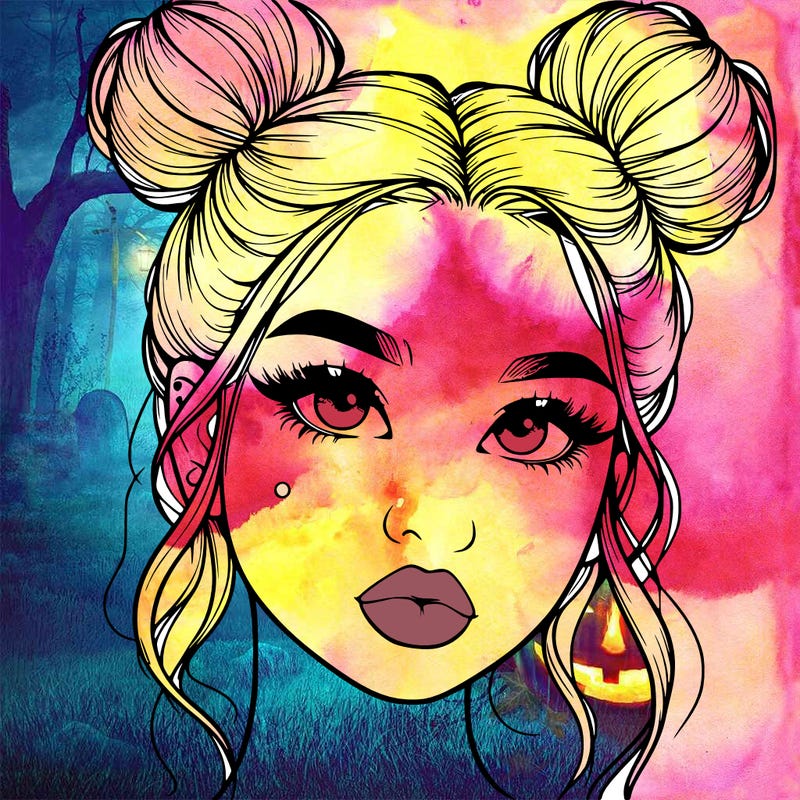 realistic girl with two buns on her hair and lips