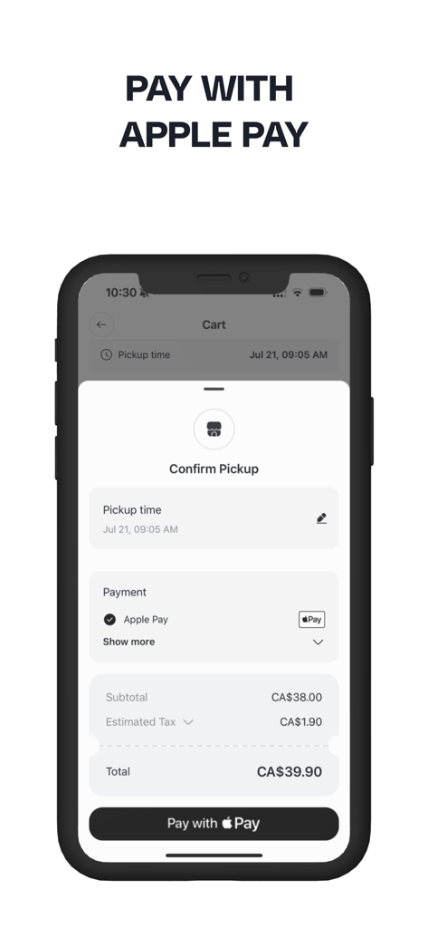 OAKBERRY CA - Oakberry CAアプリのチェックアウト画面。注文の概要とApple Payでの支払いオプションが表示されている。