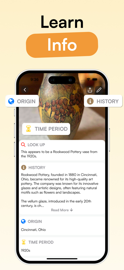 Smartphone screen showing Curio app identifying a Rookwood Pottery vase with its history, origin and time period