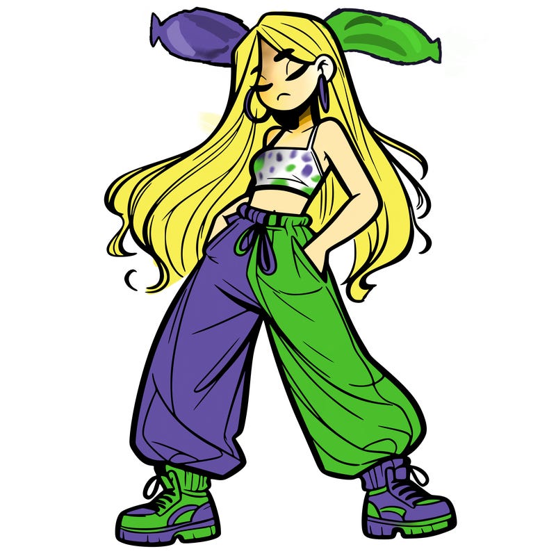 girl in baggy pants crop top and long hair