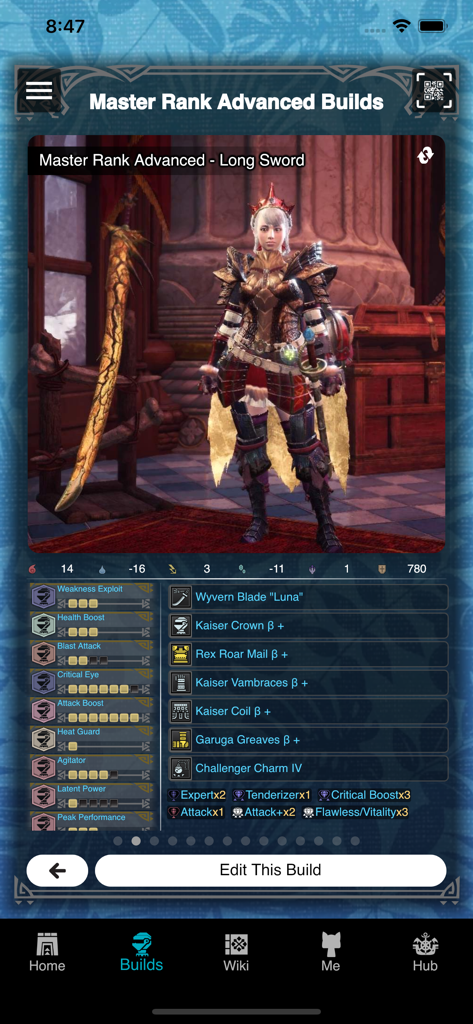 GameCat: MHW - A detailed Master Rank Advanced Long Sword build in the GameCat MHW companion app showing armor pieces and active skills