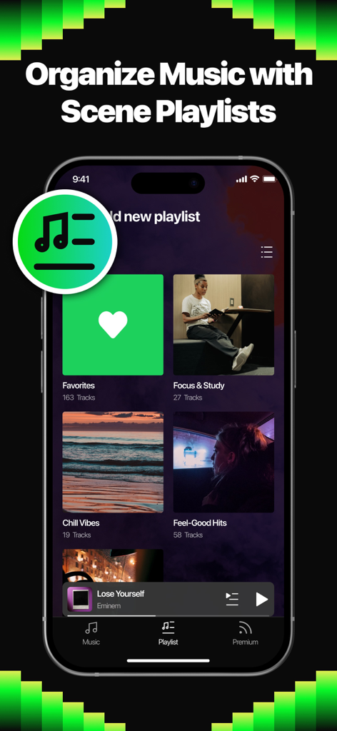 Offline music & local player - Interfaz de la aplicación Música sin conexión que muestra listas de reproducción de escena organizadas en un iPhone