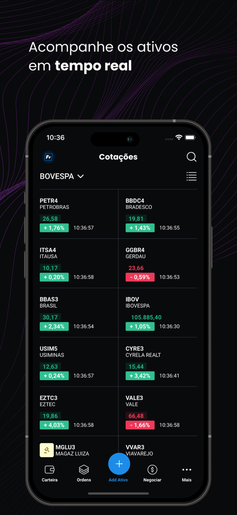 Fast Trade app interface showing real-time stock market quotes for Bovespa assets