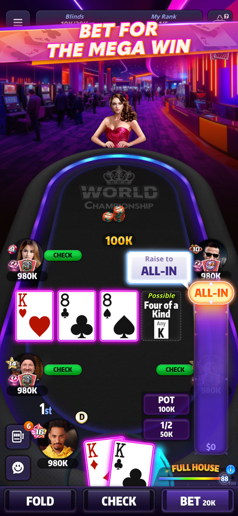 Mega Hit Poker: Texas Holdem - Gameplay de poker Texas Holdem sur mobile montrant un joueur avec un full faisant tapis à une table de championnat.