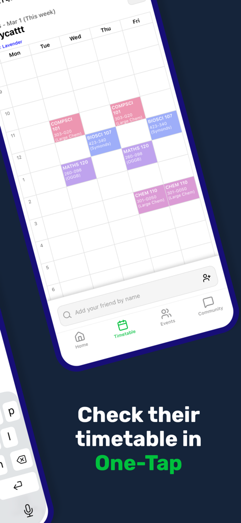 Quad - UoA Student Hub - Quad app interface showing a students weekly university timetable with class schedules and a search bar to find friends