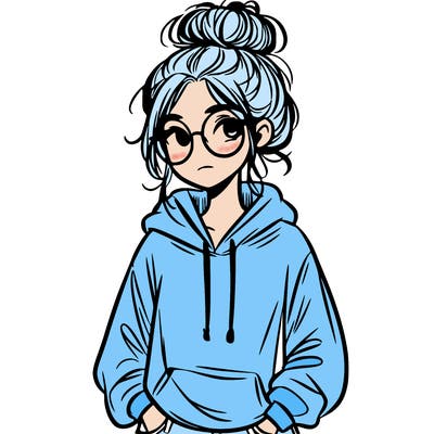 teen girl with a messy bun and glasses wearing a loose hoodie and jeans
