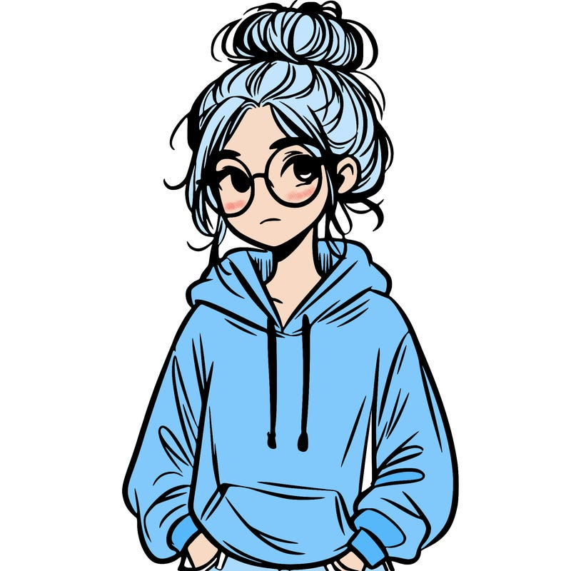 teen girl with a messy bun and glasses wearing a loose hoodie and jeans