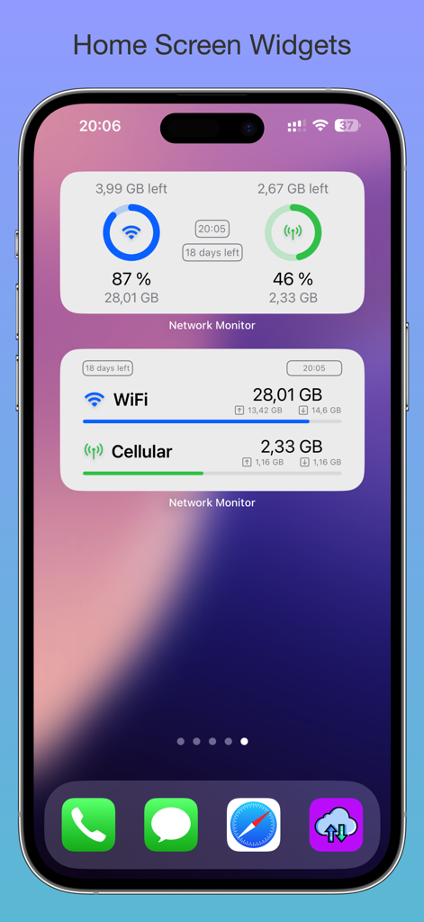 iPhone home screen displaying Network Usage Monitor widgets with real-time WiFi and cellular data tracking