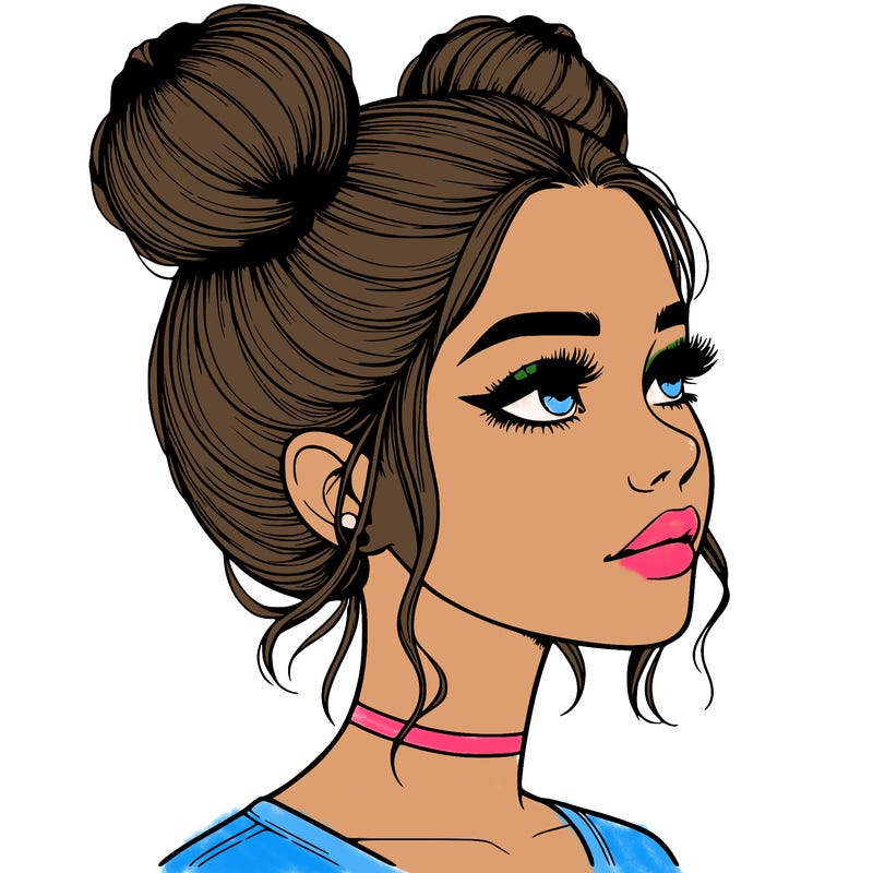realistic girl with buns on the top of her head