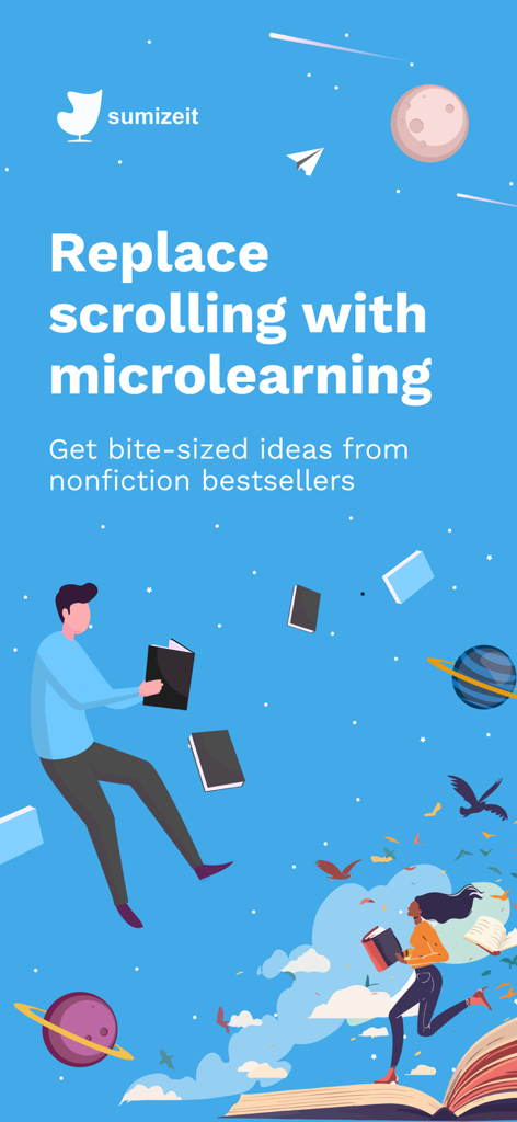 SumizeIt: Daily Book Summaries - Tela promocional do aplicativo SumizeIt com o texto Substitua a rolagem pelo microaprendizado e ilustrações de pessoas lendo em um ambiente temático espacial