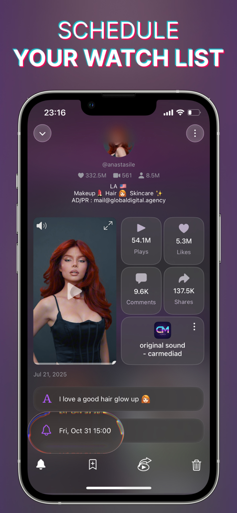 SnapTik • SaveInsta • SnapTube - A smartphone screen displaying the schedule your watch list feature with a set reminder for a video