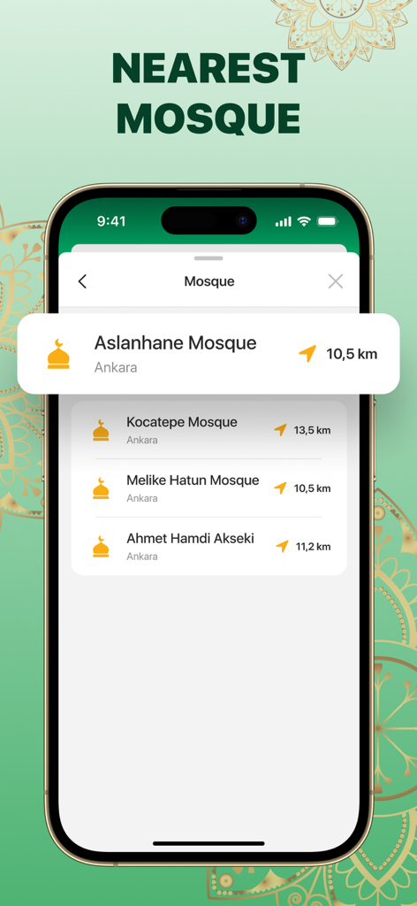 Smartphone screen displaying the nearest mosque finder feature with names and distances.