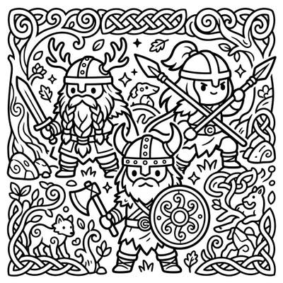 Embark on an epic coloring adventure where ancient Celtic might meets Japanese Kawaii cuteness! This delightful template brings fierce warriors and mystical forest creatures to life with charming, rounded designs.