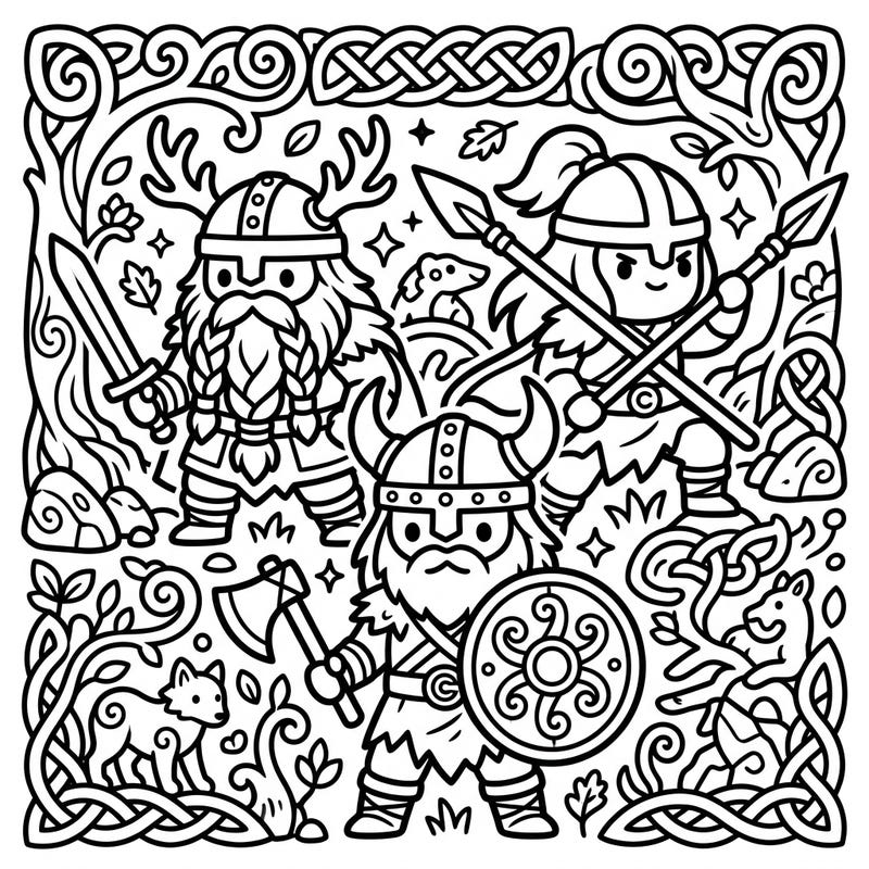 Embark on an epic coloring adventure where ancient Celtic might meets Japanese Kawaii cuteness! This delightful template brings fierce warriors and mystical forest creatures to life with charming, rounded designs.