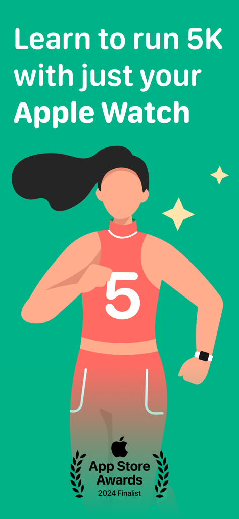 Watch to 5K－Couch to 5km plan - Una ilustración de una mujer corriendo con un Apple Watch y el texto Aprende a correr 5K solo con tu Apple Watch