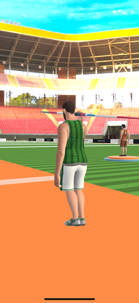 Javelin Clash: Spear Master - A character in a green striped jersey preparing to throw a javelin in a large sports stadium