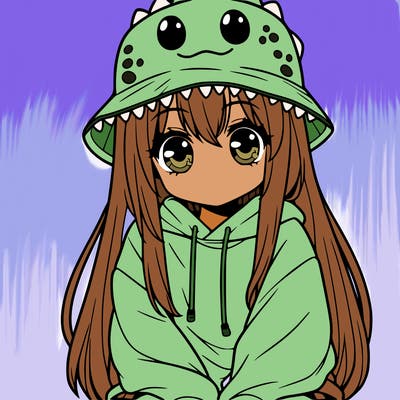 girl with anime shaped eyes with a dinosaur bucket hat oversized sweatshirt long straight hair