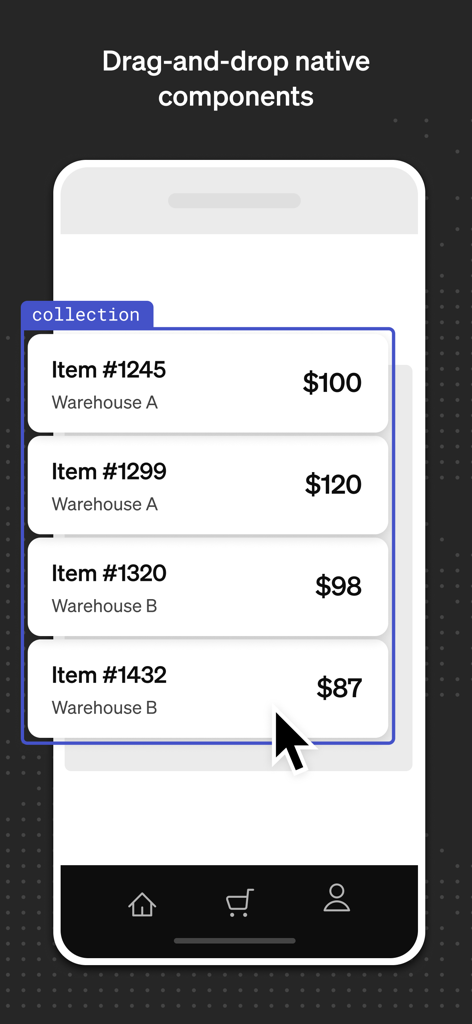 Retool Mobile - Interface de construtor de aplicativos móveis mostrando componentes nativos de arrastar e soltar para uma lista de inventário de armazém.