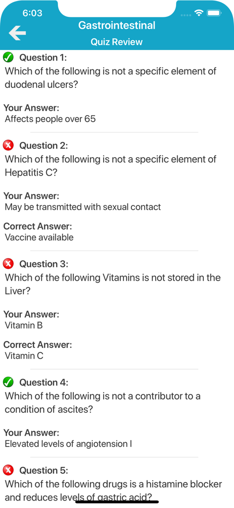 Mobile app screenshot showing a quiz review for gastrointestinal medical questions with correct and incorrect answer marks.