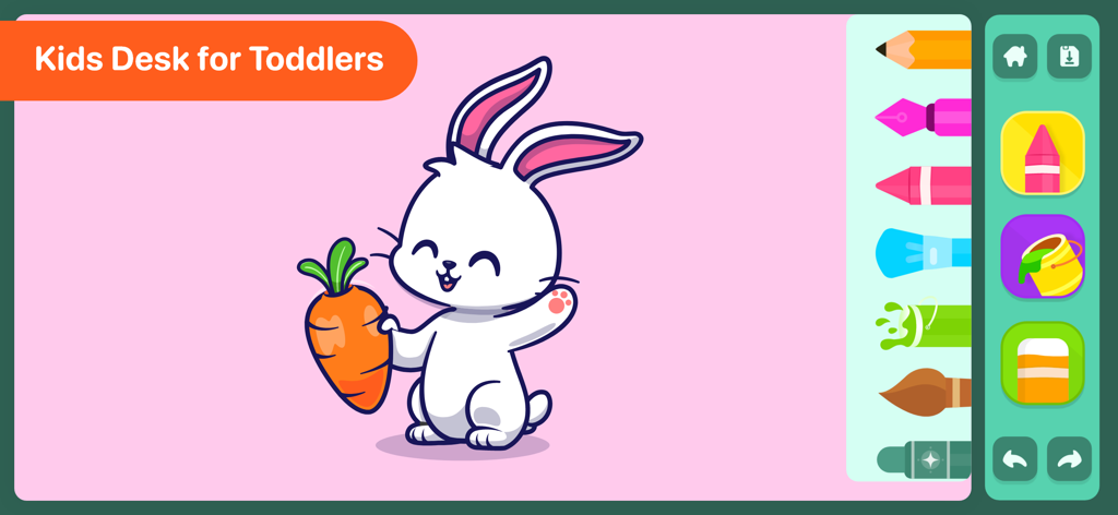 Drawing Apps - ニンジンを持つ漫画のウサギとカラフルなツールアイコンを表示する子供向けのデジタル描画インターフェース