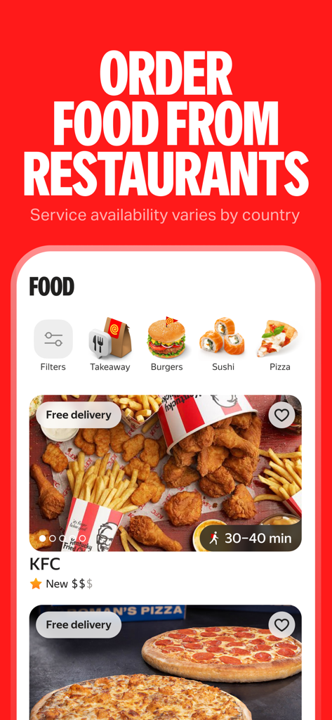 Yango mobile app screen for ordering food from restaurants with options for burgers sushi and pizza
