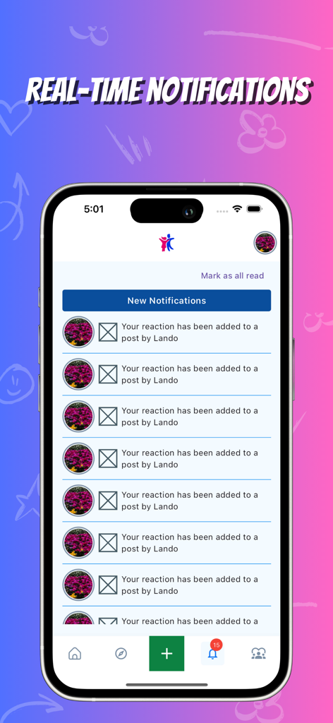 Young Creator - Eine mobile Benutzeroberfläche, die Echtzeitbenachrichtigungen für die Young Creator App anzeigt