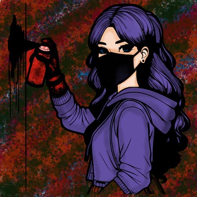 realistic girl with mask spray painting a wall