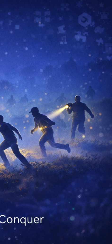 Winner CTF - Imagen atmosférica de personas con linternas en un campo con la palabra Conquer