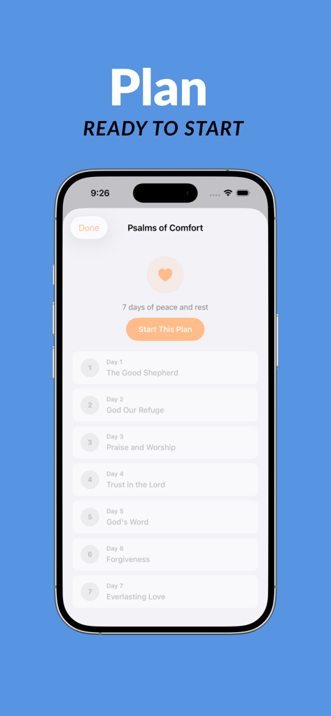 Bible App For Everyone - A minimalist mobile app screen showing a seven day Bible reading plan titled Psalms of Comfort