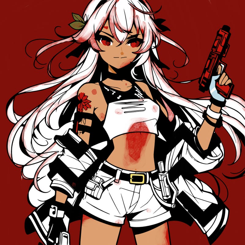 bad girl wearing crop top holding a gun long hair anime