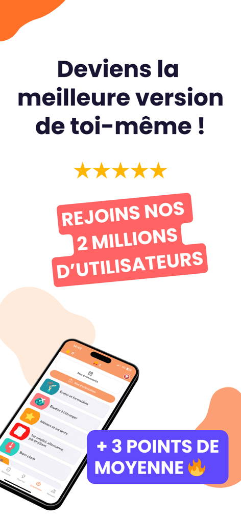 Brevet Bac Licence 2025 Nomad - Écran de l'application Nomad Éducation montrant une note de cinq étoiles et une promesse d'augmentation de la moyenne de trois points.