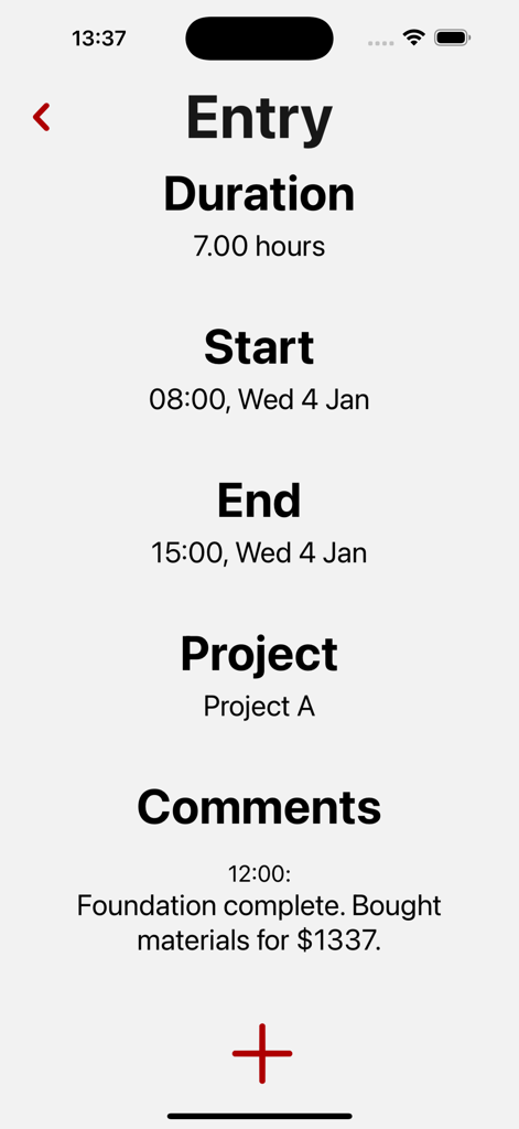 Tímavera - Ein Bildschirm, der einen bestimmten Zeiteintrag in der Tímavera App mit Dauer, Projektname und Kommentaren zur Arbeitsstelle anzeigt.