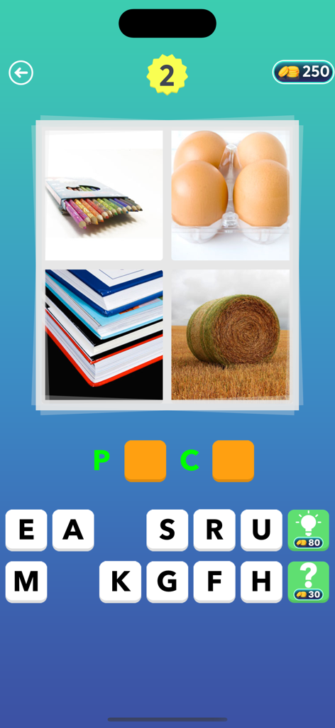 4 Pics: What's the Word? - Una pantalla de juego de 4 Fotos ¿Cuál es la Palabra? mostrando cuatro imágenes de lápices, huevos, libros y heno con un puzzle de palabra de cuatro letras.