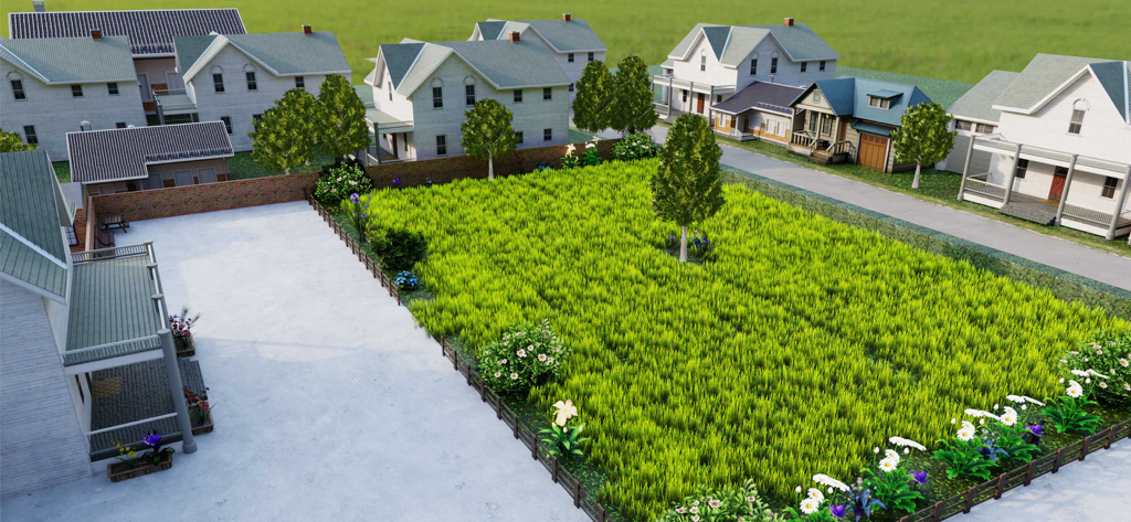 Grass Cutting Game - A large patch of lush green grass in a quiet suburban neighborhood surrounded by houses and flower beds