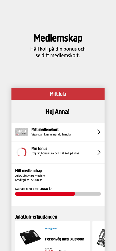 Jula - Ecrã de adesão da app Jula mostrando detalhes do cartão de fidelidade, estado do bónus e ofertas personalizadas do clube.