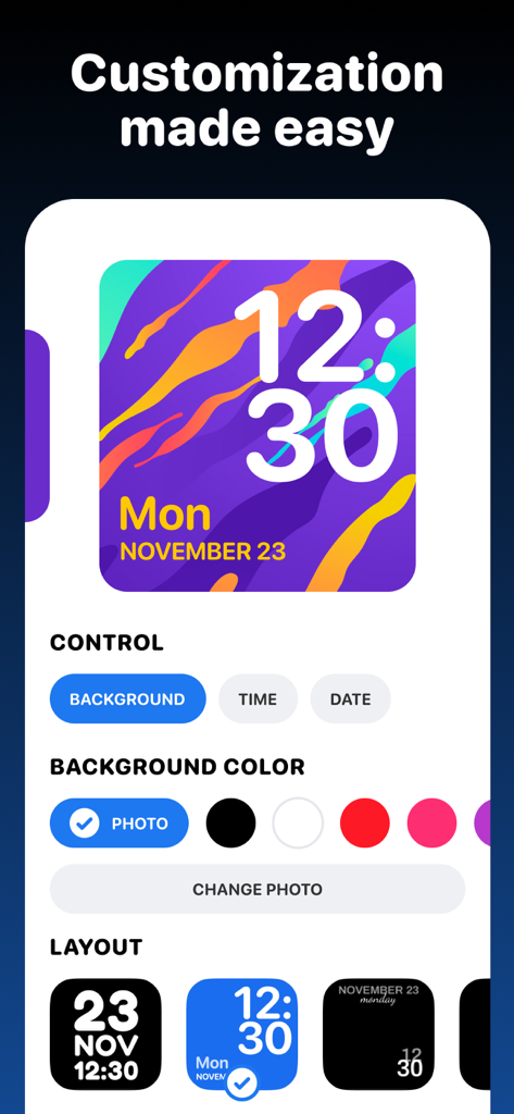 Widget | Countdown to birthday - A mobile app interface for customizing a colorful clock widget with different backgrounds and layouts