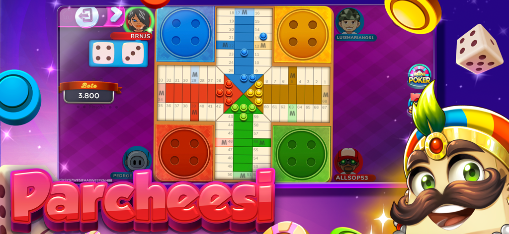 MundiGames - Social Casino - Ein Multiplayer-Parcheesi-Spielbrett in der MundiGames-App mit farbenfrohen Quadranten und Spieler-Avataren.