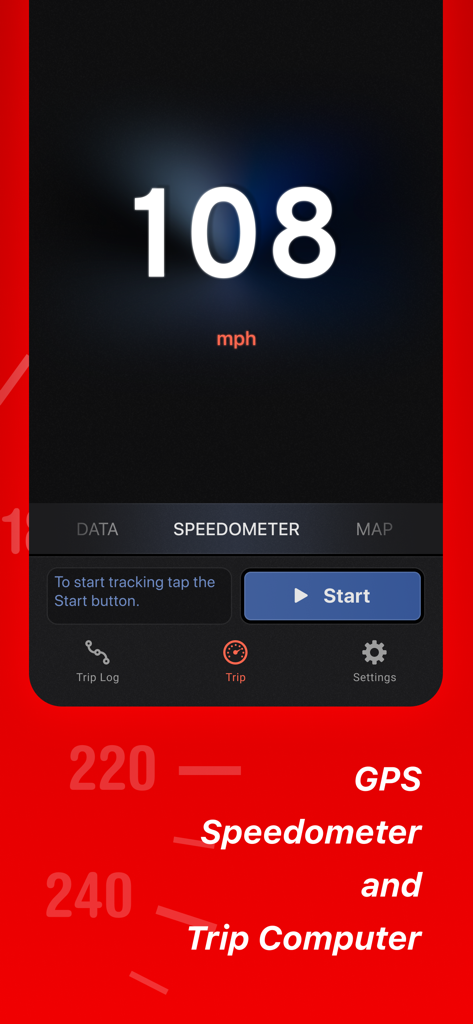 Speed Tracker app showing a digital speedometer reading 108 mph with a trip computer interface