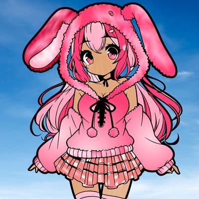 pretty anime girl wearing a fluffy hoodie with bunny ears on the hood and a skirt