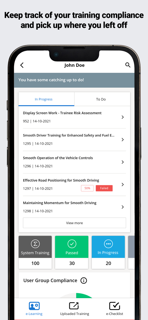 Human Focus - Human Focus mobile app dashboard showing vocational training progress and compliance status