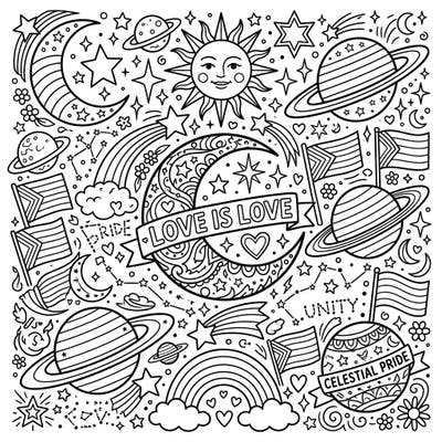 Journey through the cosmos with this enchanting coloring page celebrating Pride Month. Discover a universe where love shines bright among stars, planets, and rainbows, waiting for your creative touch.
