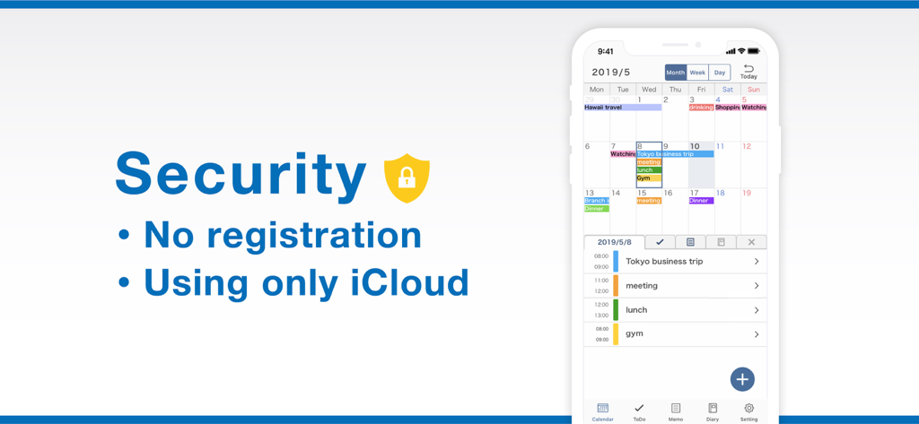 Smart Planner security features screen showing no registration and iCloud sync highlights with a calendar mockup