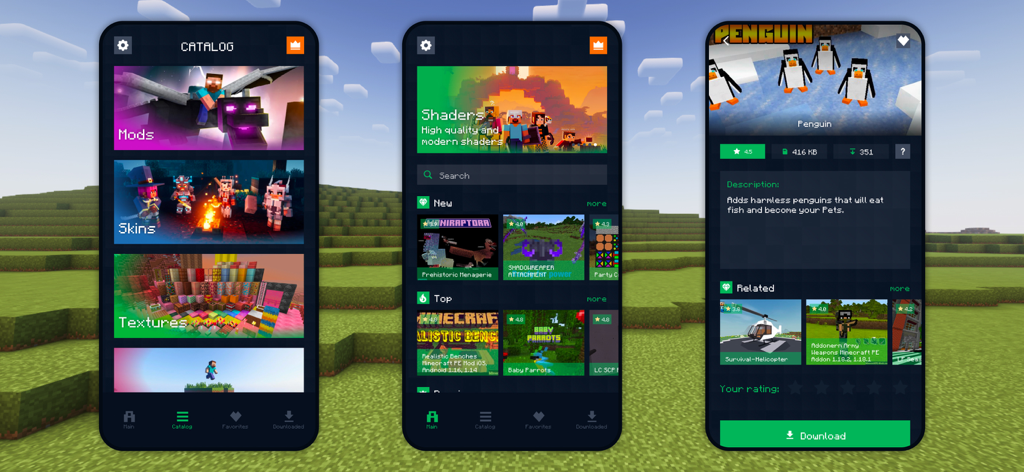 Addons for Minecraft PE ㅤ - Interfaz de la aplicación Addons para Minecraft PE que muestra el catálogo de skins, mods y texturas