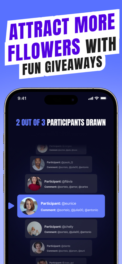 An iPhone screen showing the Instagram giveaway app drawing winners from comments.