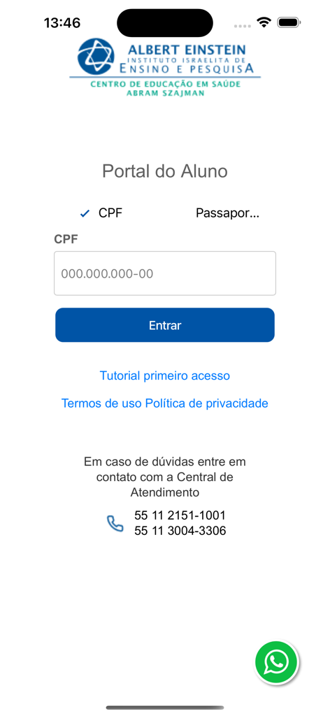 Aluno Einstein - Tela de login do aplicativo do portal do aluno Aluno Einstein com campo de entrada de CPF e botão de entrar