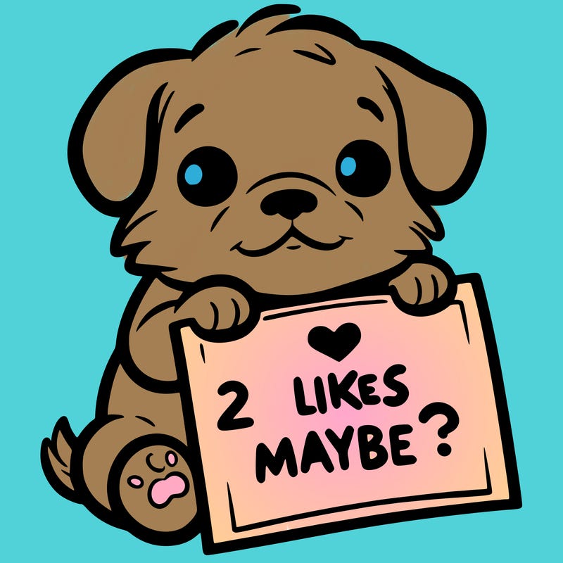 a puppy holding a sign that says 2 likes maybe?