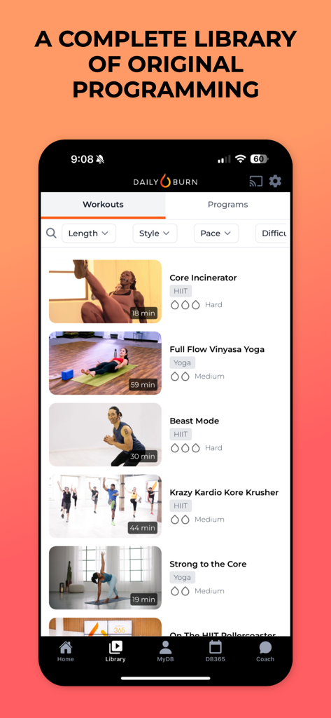 Daily Burn: At Home Workouts - Interface de l'application mobile Daily Burn affichant une bibliothèque d'entraînements originaux à domicile, y compris le HIIT et le Yoga