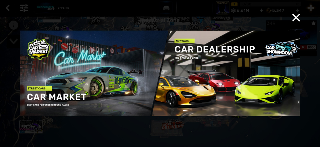 In-game menu for Car Market and Car Dealership in CarX Street