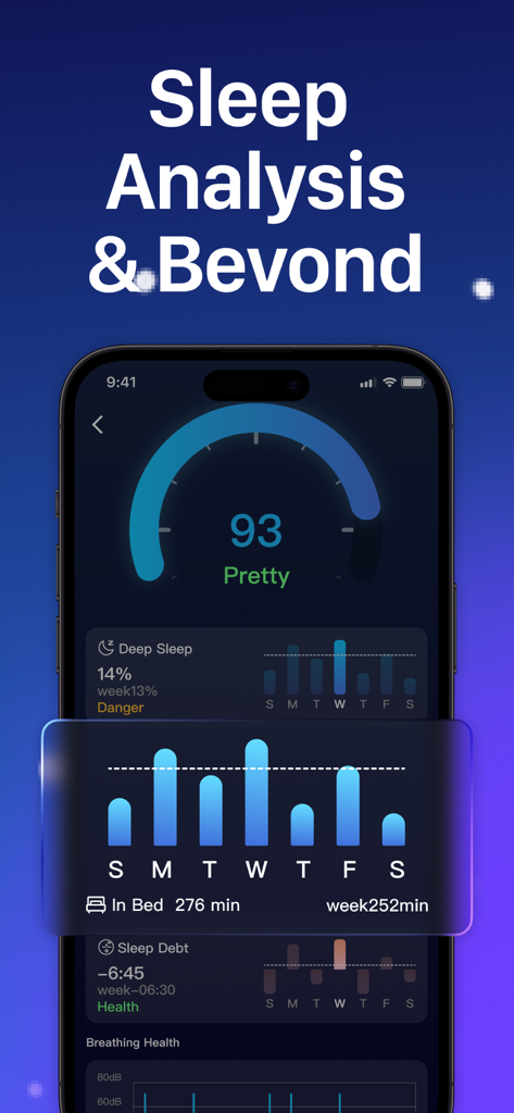 Sleep Tracker: Sleep Recorder - Panel de análisis de sueño que muestra la puntuación del sueño, el porcentaje de sueño profundo y las tendencias de duración del sueño semanal