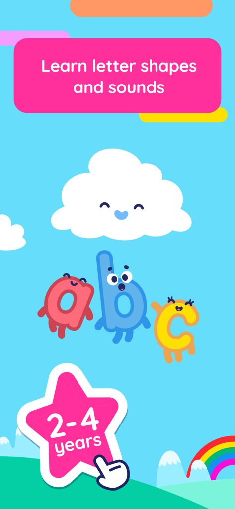 Educational game screen for toddlers showing animated letters a, b, and c with a smiling cloud and text learn letter shapes and sounds